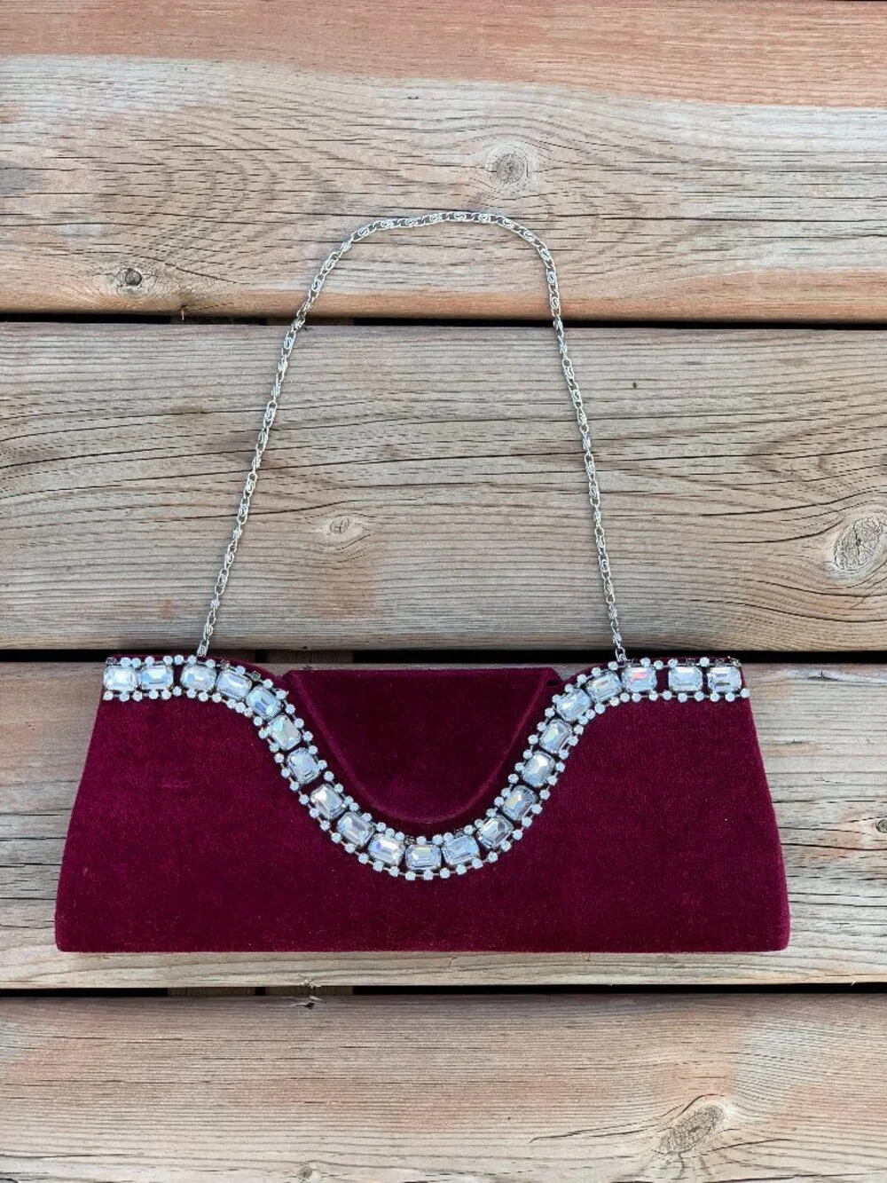 Vtg Burgundy Velvet Rhinestone Clutch Shoulder Bag Handbag Gala Evening Purse
